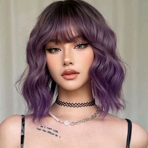 NEW Purple Wavy Bob Wig with Bangs